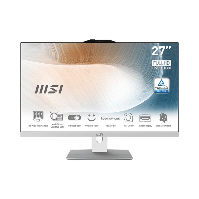 MSI Modern AM272P 12M All-In-One Desktop PC, 27 Inch FHD IPS Screen, i7-14700, 8GB DDR5 RAM, 512GB PCIe NVMe SSD, WiFi 6E, Webcam - Keyboard, Mouse, DOS (Without Windows) - White - AM272P 12M - 1421XAE
