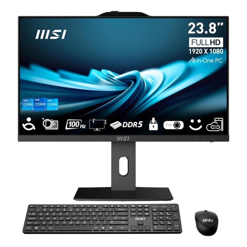 MSI PRO AP242P 14M All-in-One Desktop PC, 23.8 Inch FHD IPS 100 Hz, Intel Core i7-14700, 8GB DDR5 RAM, 512GB SSD, WiFi 6E, Webcam, DOS, Black